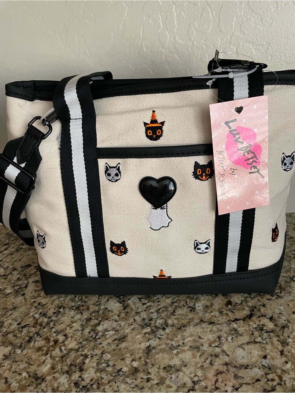 Cream & Black Halloween Cat & Ghost Motif Crossbody Tote